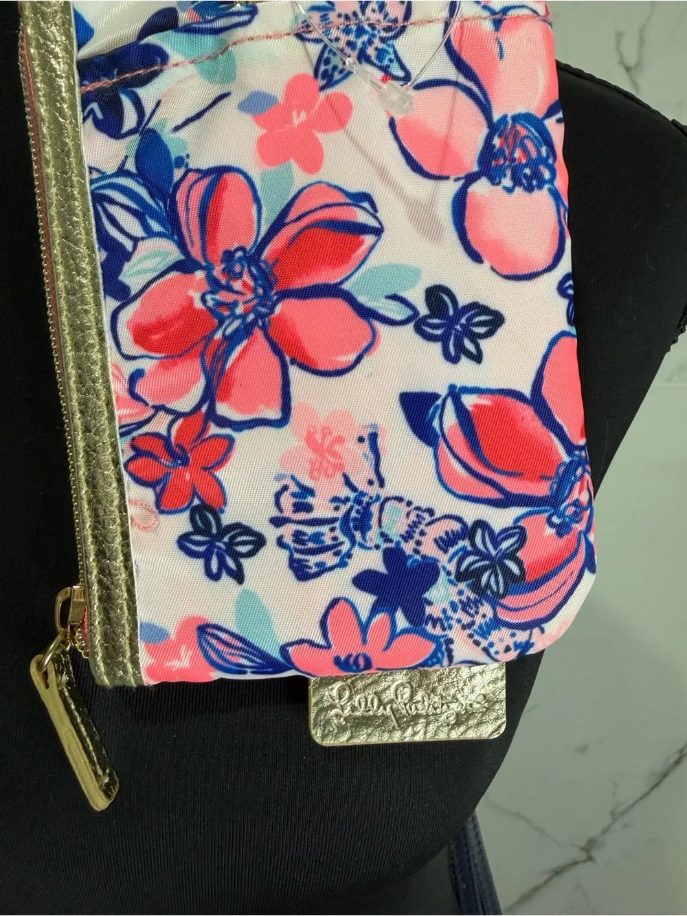 Lilly Pulitzer Pink & Blue Floral Wristlet Card Holder with Gold Accents